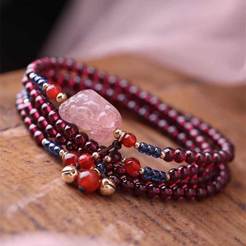 Natural Garnet Strawberry Crystal Pixiu Bracelet Women Ethnic Style Boho Jewelry 4mm