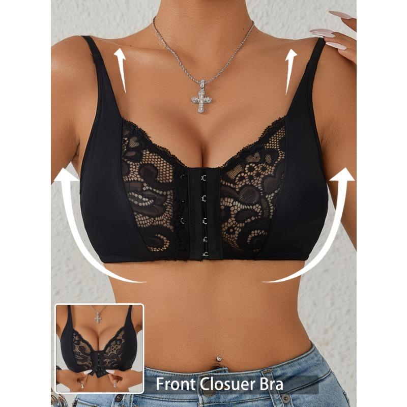 

Women s Black Lace Front Closure Push Up Bra Wireless Comfortable Lift Bra S чорний