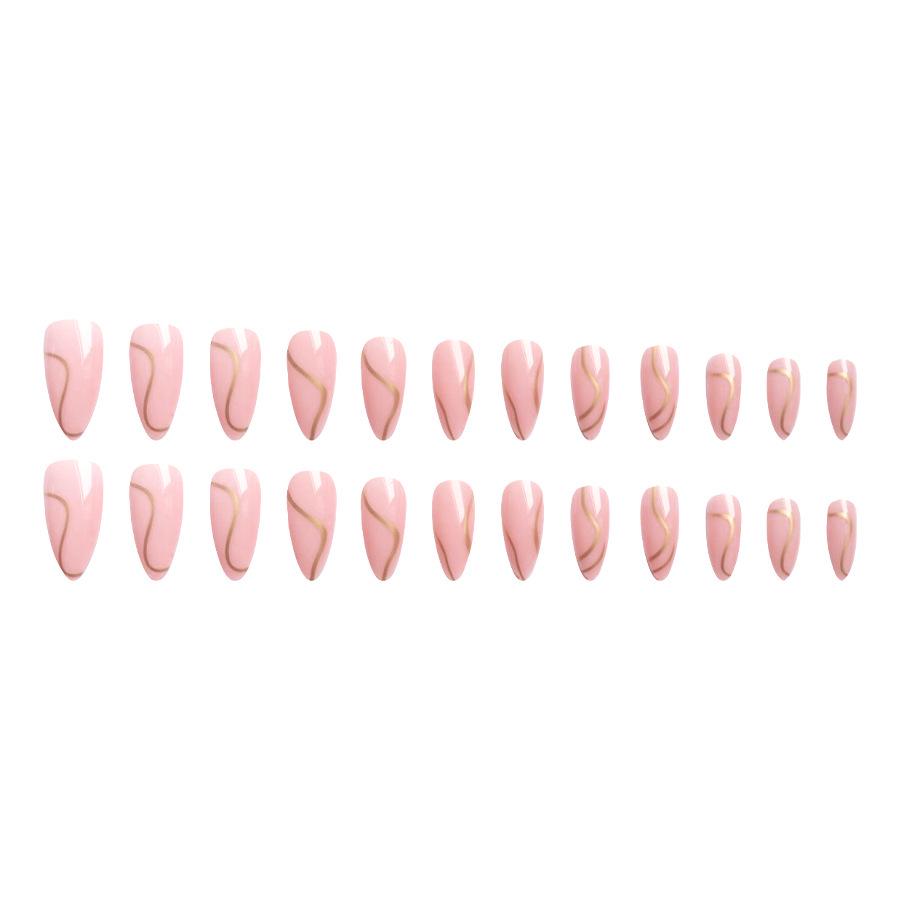 Glänzende Goldwellenmuster Mandelrosa Nägel - 24 Stück Tragbare Nagelkunst