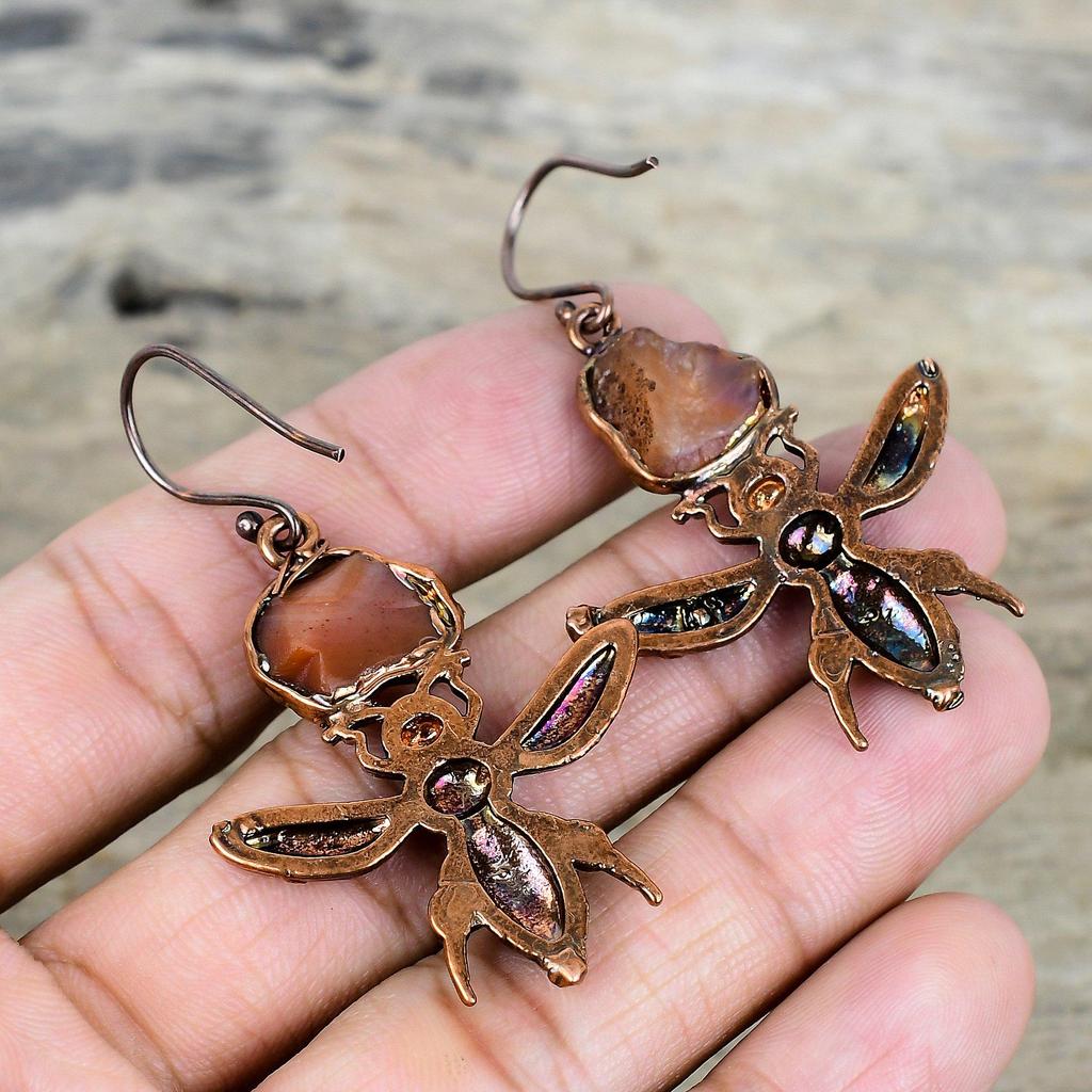 Carnelian rough gemstone earring electroformed copper earrings unique honey bee jewelry handmade earring electroformed jewelry gifts for her