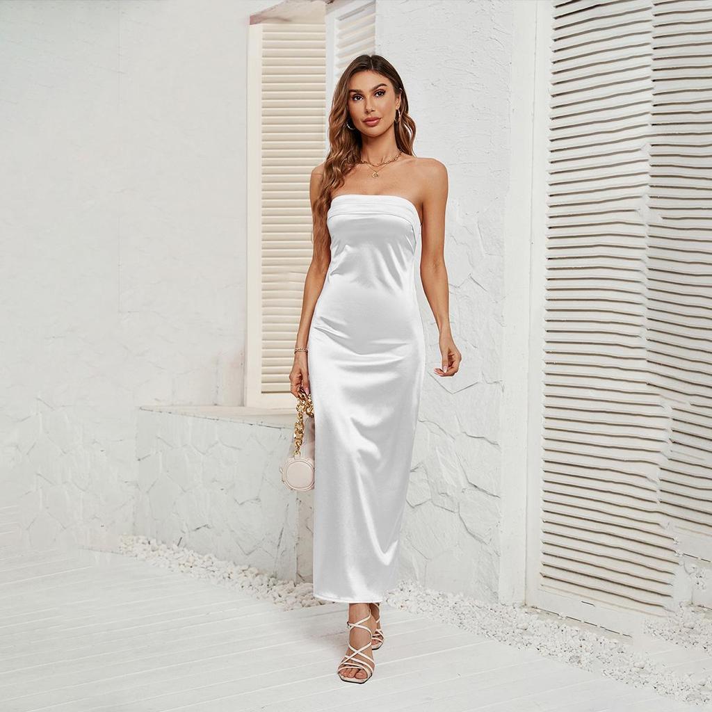 Frauen Design Sinn Rückenfreies Bustier Solide Ankel-Länge Ärmelloses Kleid Hohe Taille