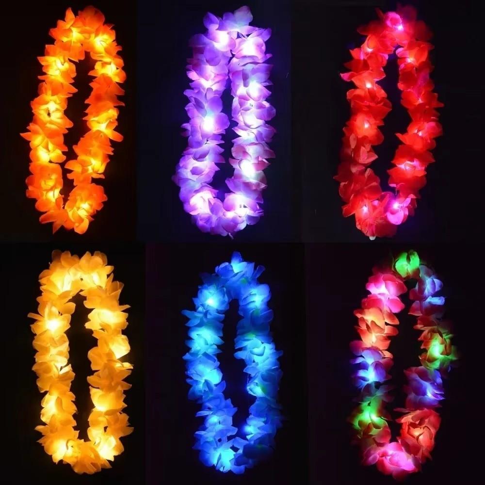 10Pcs Vibrant LED Hawaiian Leis Artificial Faux Flower Garland Necklace Luau Party