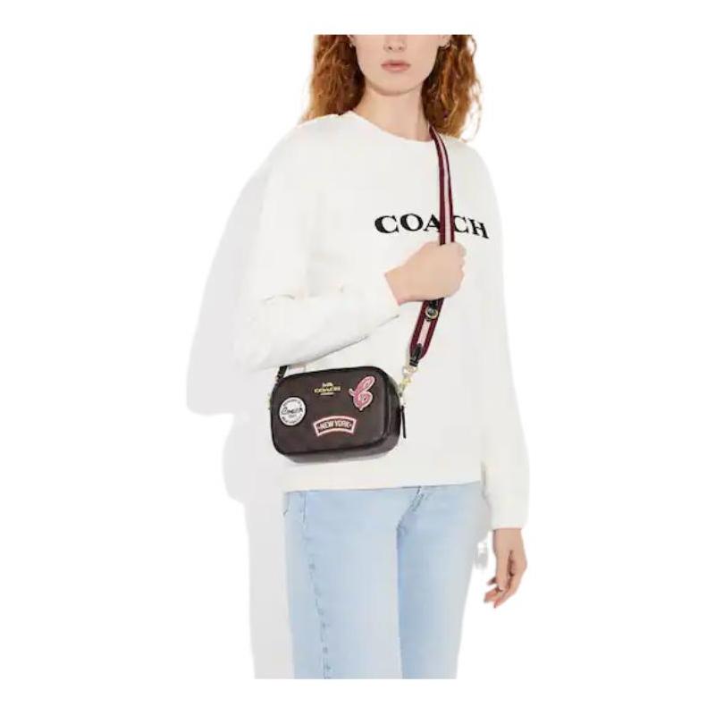 Coach Jamie 19 Classic Presbyopia Cartoon Patch Zipper Closure Canvas with Leather Camera Bag Shoulder Crossbody Bag Mini Women's Dark Brown