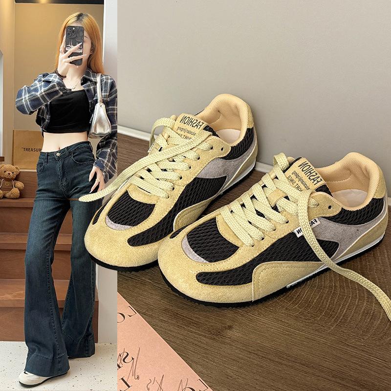 Korean Version of the Popular Mesh Breathable Sports and Leisure Shoes Women's Autumn 2025 New Niche Lace-up Flat-bottomed German Training Shoes