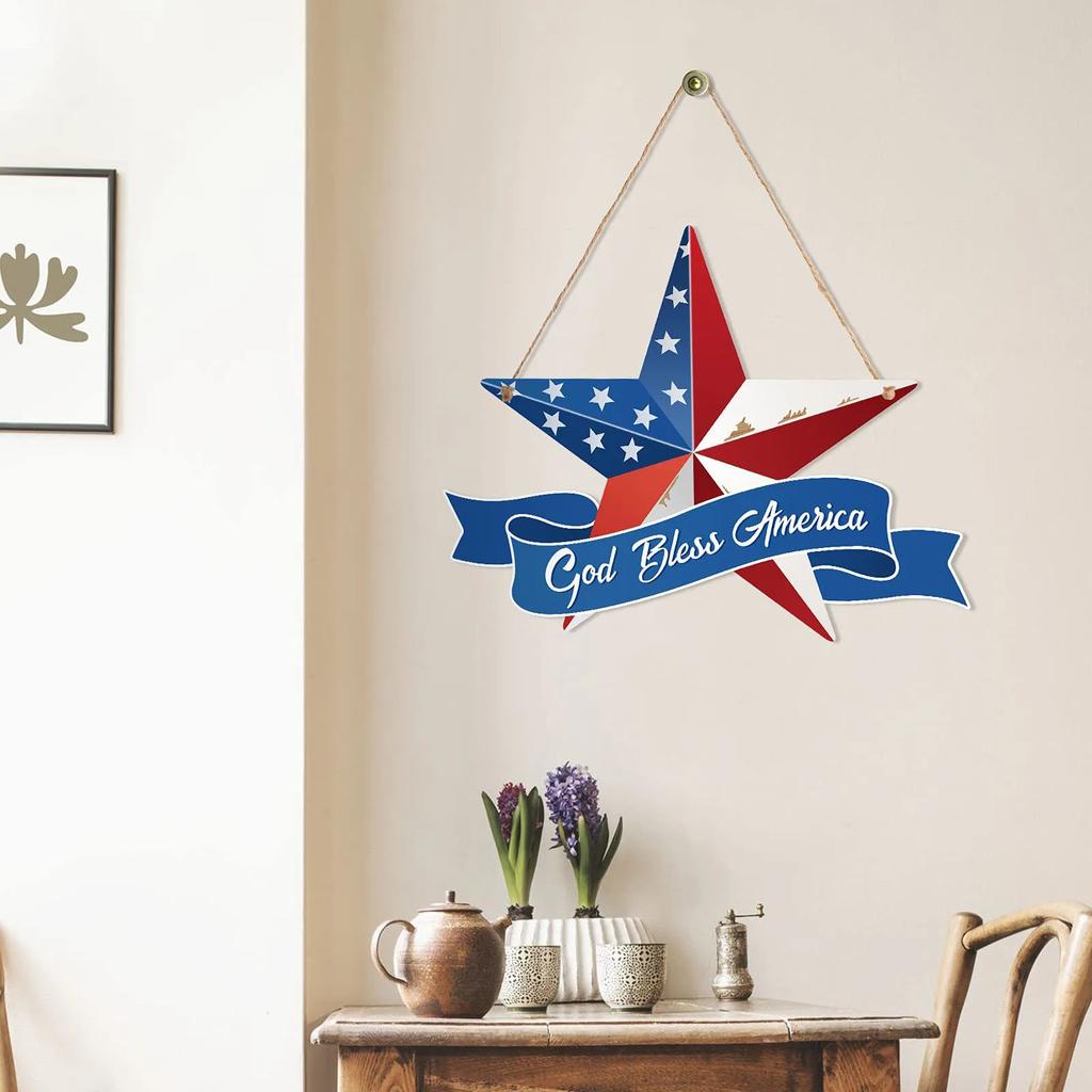 Star Independent Day Print Decoration Wind Chime Wood Door Panel Decoration Day Home Party Decoration Props Door Hanging