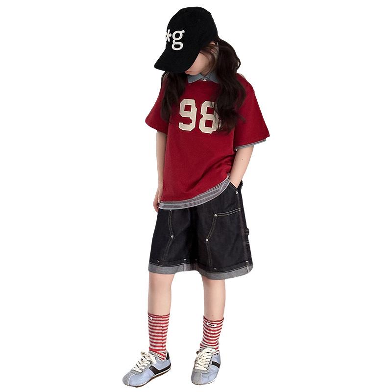 Koreanischer Stil Kurzarm-Polo & Jeansshorts Set für Mädchen - Trendige mittellange Campus-Mode für Kinder