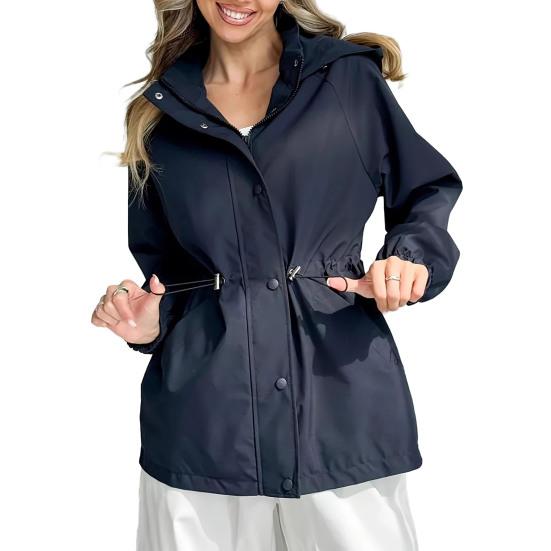 

Ветровка для женщин Легкая на кнопках на молнии Толстовка с капюшоном Куртка с кулиской на талии Ветрозащитная верхняя одежда с карманами для путешествий и активного отдыха S темно-синий