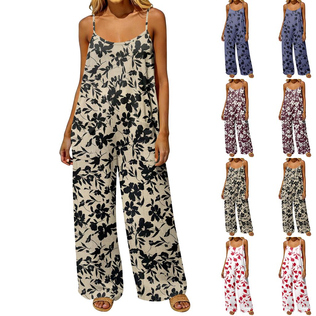 Damen Jumpsuit im Vintage-Stil, lockere Passform, ärmellos, baumwollähnlicher Stoff, Blumendruck, Latzhose mit weitem Bein und Taschen, rückenfreies Design