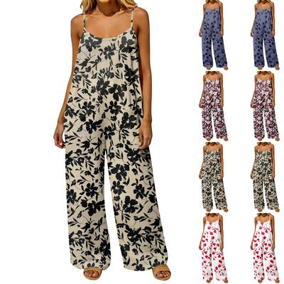 Women’s Loose Fit Vintage Sleeveless Jumpsuit Cotton-Like Fabric Floral Print Wide Leg Overalls with Pockets Backless Design