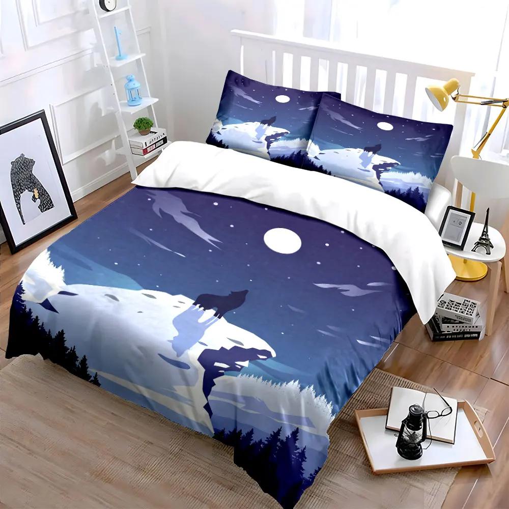 Wolf Moon Night Canvas Decor Soft Comfortable Duvet Cover Bedding Set Included 1*Duvet Cover & 2*Pillowcases Gift