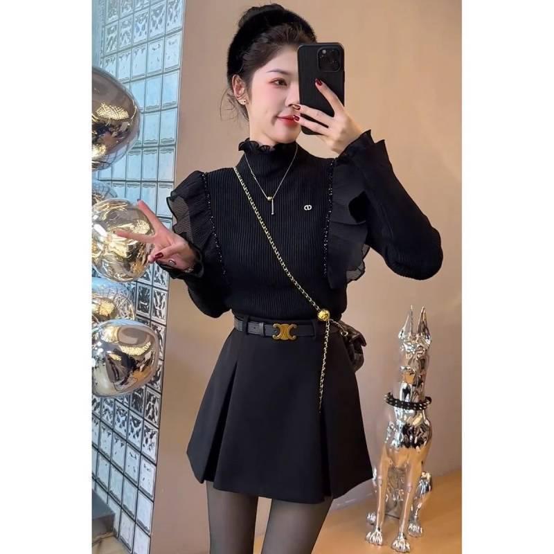 Women's Spring 2025 Korean Style Ruffle Sweater & High-Waisted Midi Skirt Two-Piece Set