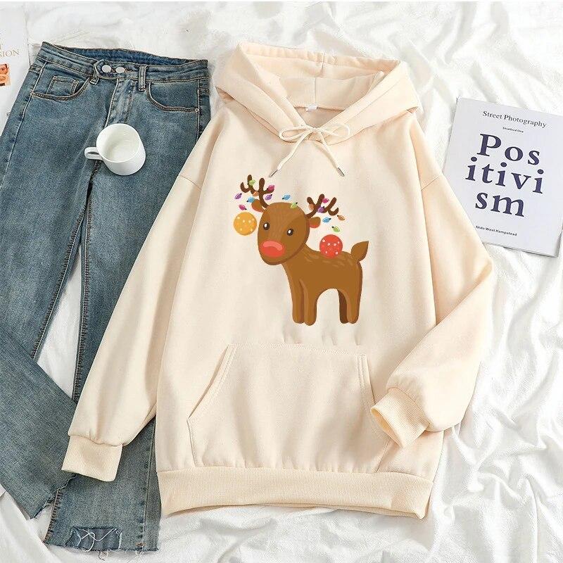 KAWAII Christmas Elk Hoodies Women Unisex Harajuku Fashion Xmas Streetwear Autumn Winte Warm Hooded Sweatshirts Pullover Ropa Mujer