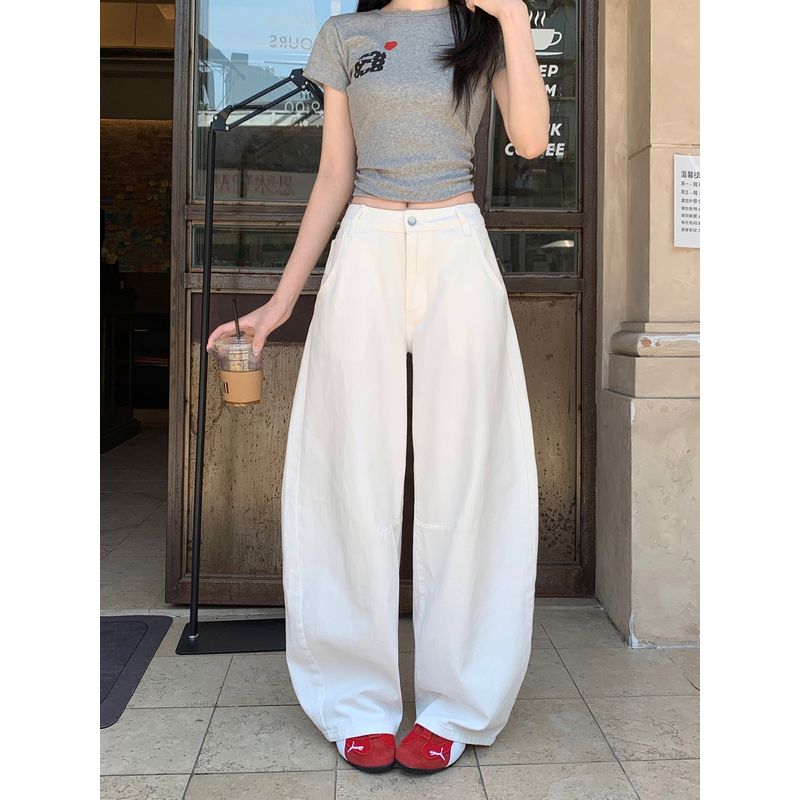 

Kumikumi Американский Ретро Белый Деним Свободные Брюки Женские Осень Высокая Посадка Свободные и Стройнящие Брюки-швабры Брюки White XL