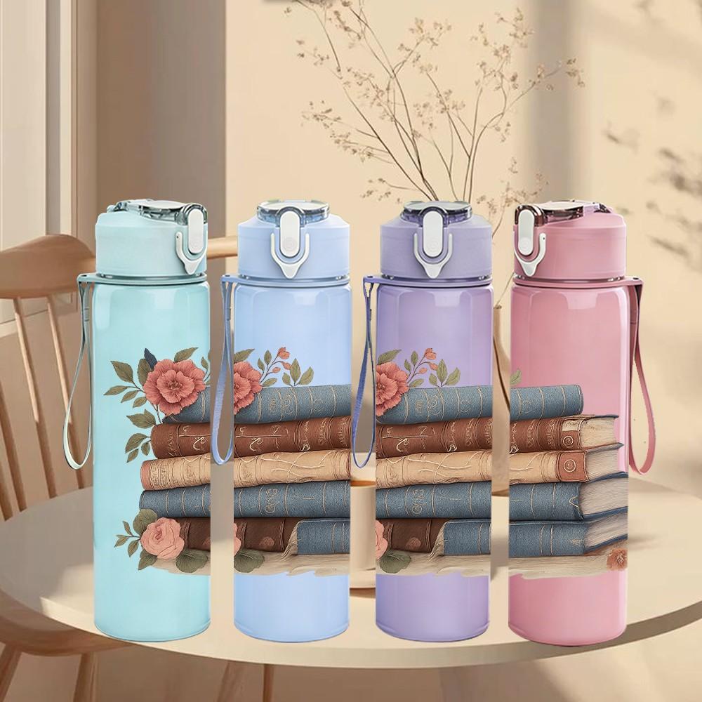 1PC Vintage Stacked Rose Books 750ml Color Plastic Sports Water Bottle Leakproof Flip Straw Lid Suitable for Sports Office Home Use