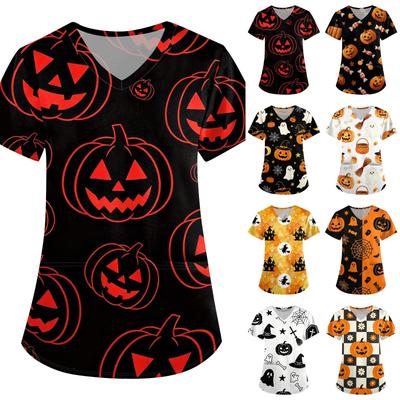 Damen Halloween-Print Locker geschnitten V-Ausschnitt Kurzarm Medizinischer Kasack mit Taschen Bequeme Arbeitskleidung für medizinisches Fachpersonal