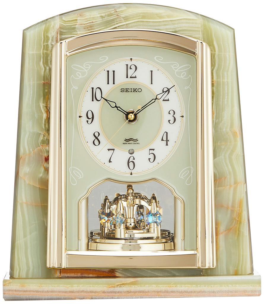 Seiko Clock BY223M, Radio-Controlled Analog Table Clock with Rotating Ornament and Onyx Frame