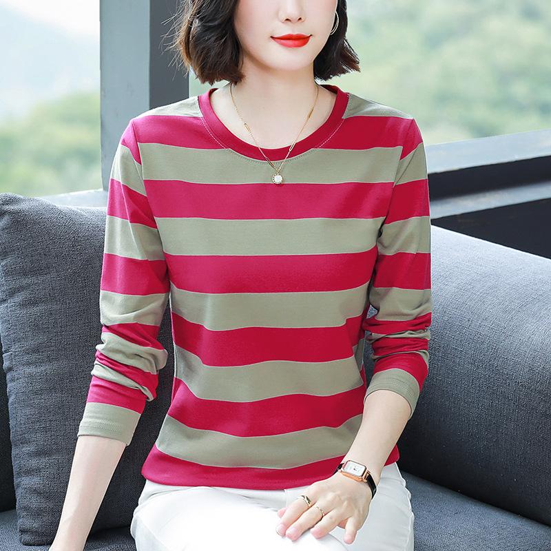 Middle-aged Mom Autumn Clothes Plus Size Loose Cotton Long Sleeve T-shirt Women's Autumn Clothes Wear Undershirts with Striped Tops