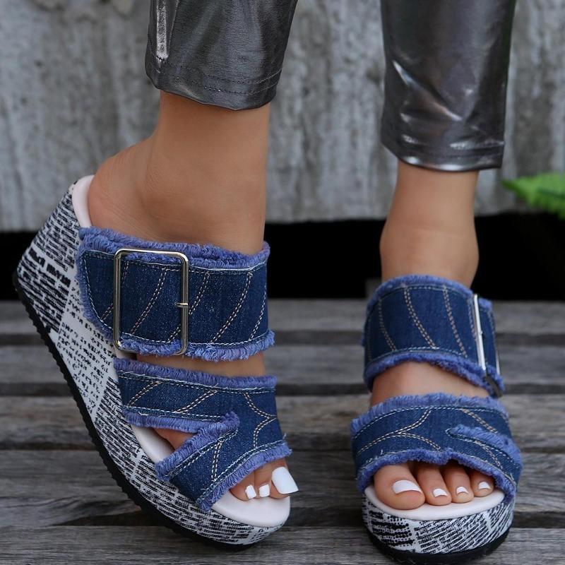 Women Shoes Casual Fashion Vacation Daily Wear Summer Newspaper Buckled Denim Wedge Slippers Sandals