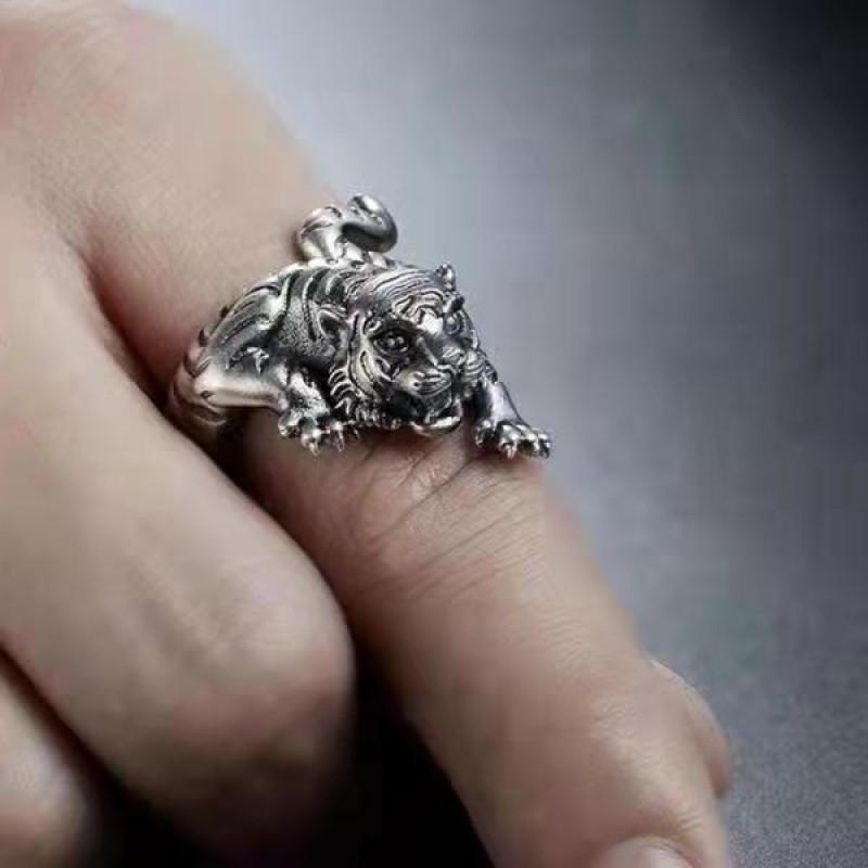 Adjustable Vintage Tiger Ring Men Women Copper Silver-Plated Open Band Zodiac Animal Jewelry