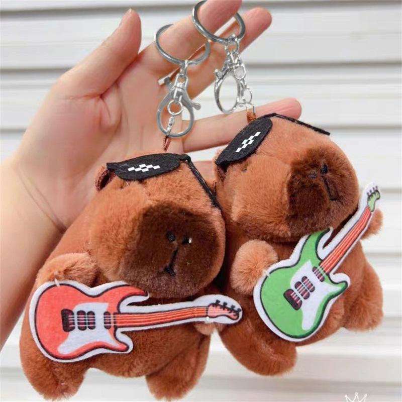 Guitar Kapibala Plush Toy Cartoon Capybara Pendant Soft Stuffed Doll Keychain Car Key Ring Backpack Bag Decor