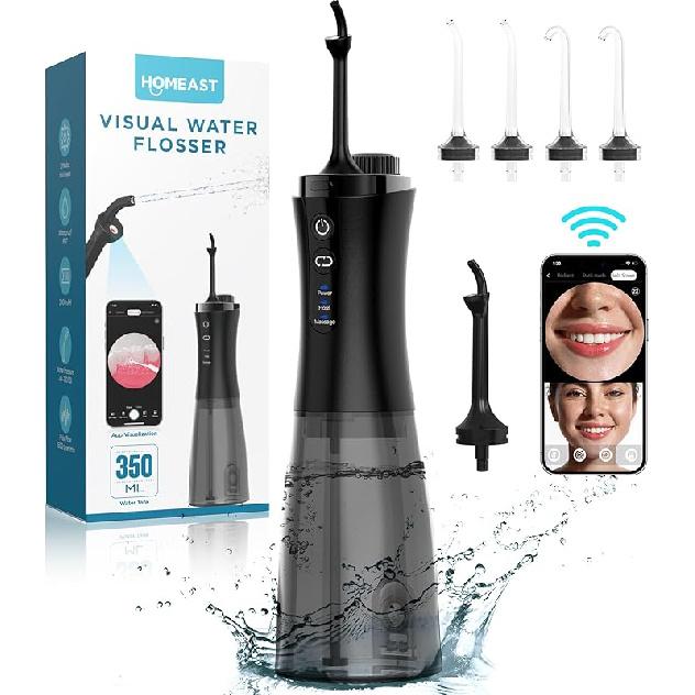 Ирригатор для зубов - Беспроводной портативный ирригатор 350 мл с камерой, перезаряжаемый водный ирригатор для чистки зубов и межзубных промежутков IPX7 Extra Large чёрный