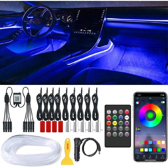 LEDCARE 9-In-1 RGB-Auto-Innenleuchten Mit App Und Fernbedienung, 16 Millionen Farben, Umgebungsbeleuchtungsset Mit 5 Glasfaser-LED-Streifen Und 4