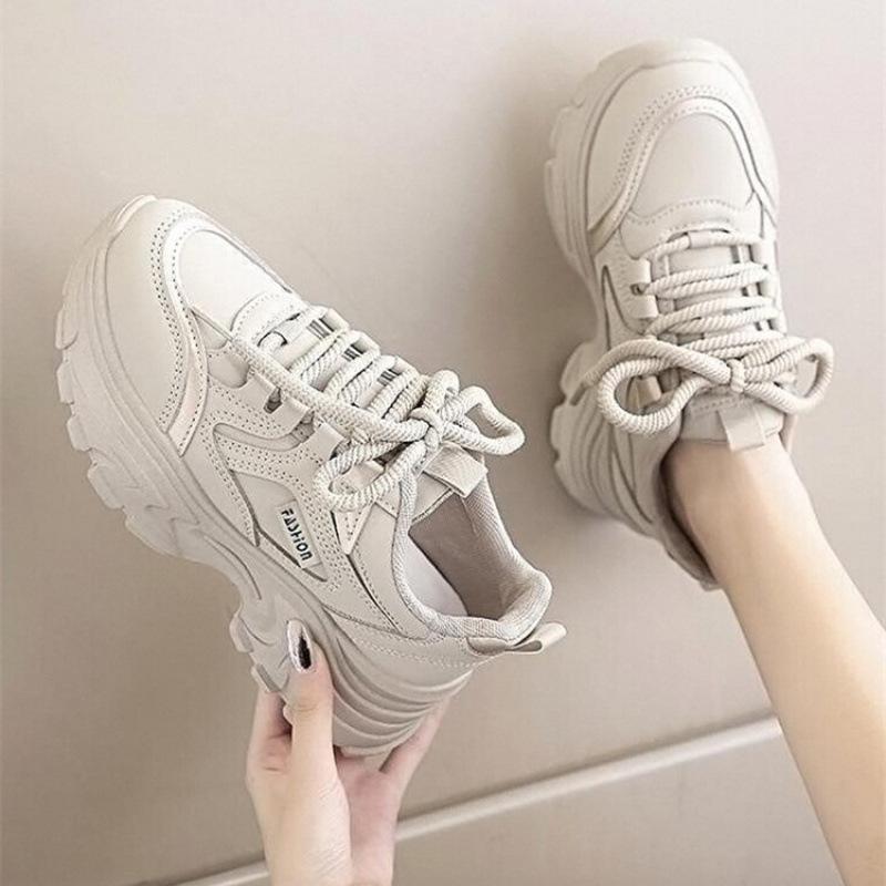 Anti-stepping Shit Feeling Thick-soled Velvet Dad Shoes Women's Explosion Autumn and Winter New Leather Waterproof Sports and Leisure Shoes Foreign