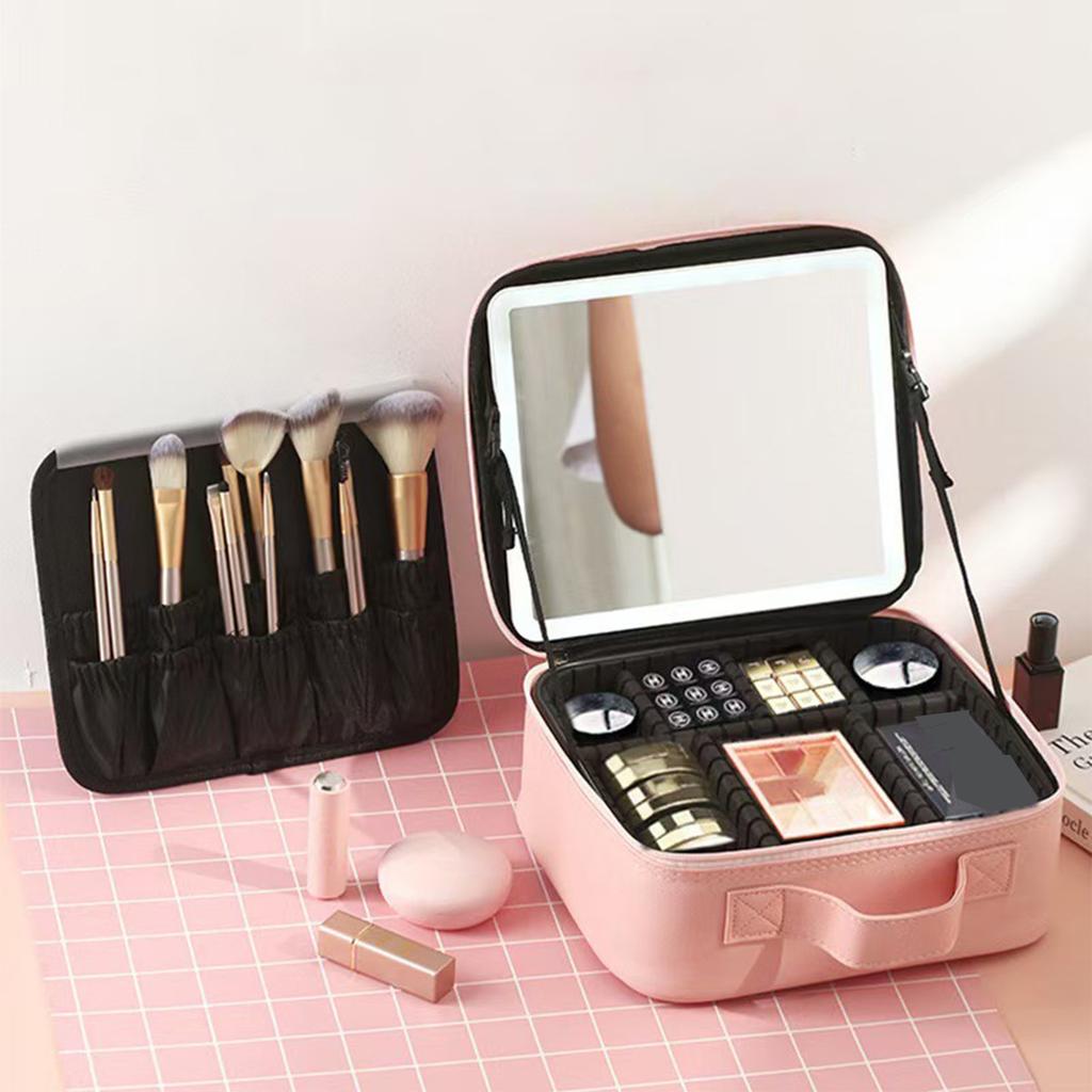 Large capacity multifunctional full screen mirror makeup bag portable waterproof leather beauty makeup storage bag