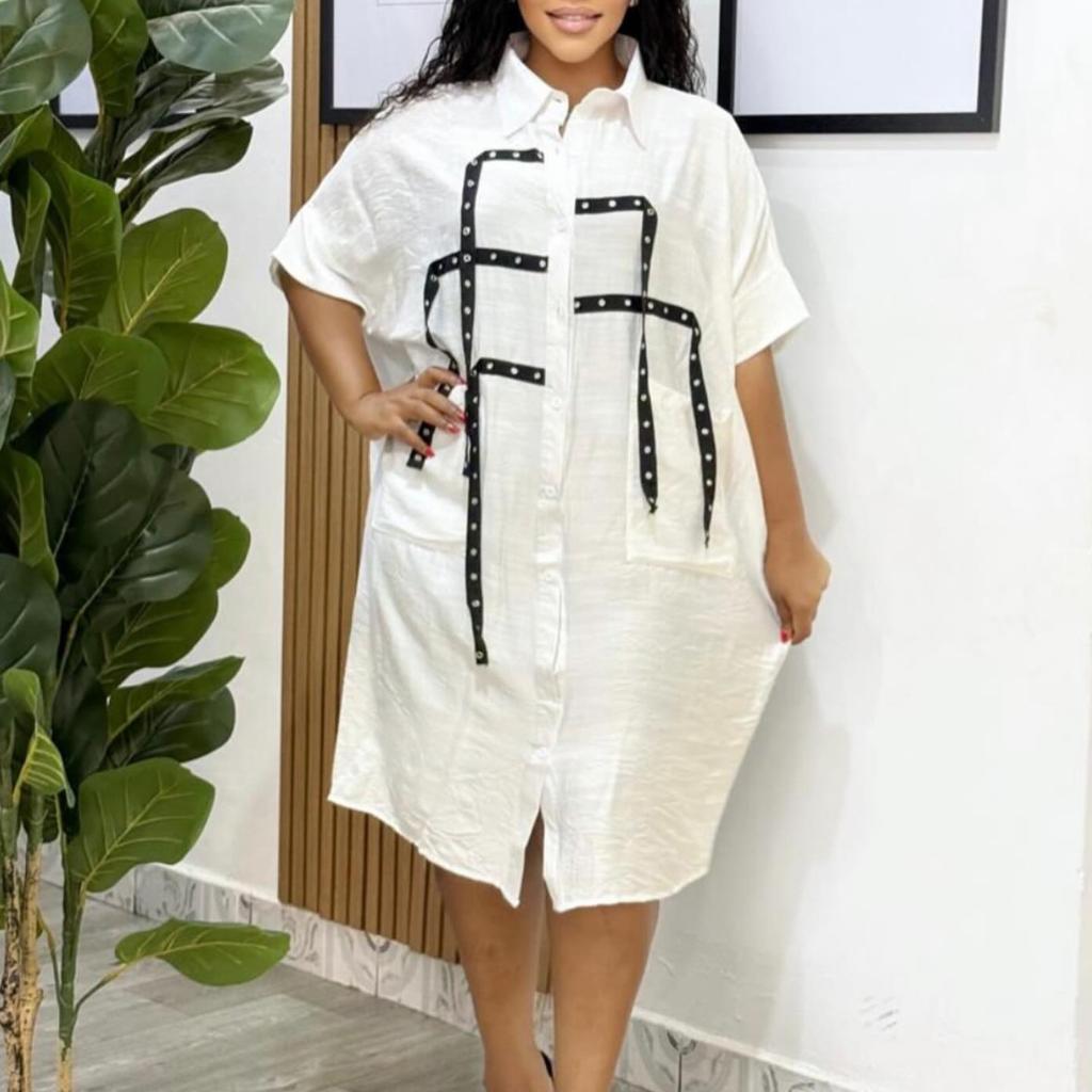 Women Short Sleeve Shirt Dress with Bow Tie Belt and Pockets Solid Color Casual Dress