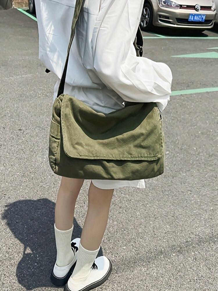 Dames Canvas Messenger Bag Grote Capaciteit Effen Kleur Vrijetijd Schoudertassen Reistassen Multifunctionele Studenten Crossbody Tas Postbode Tas Tote Bag