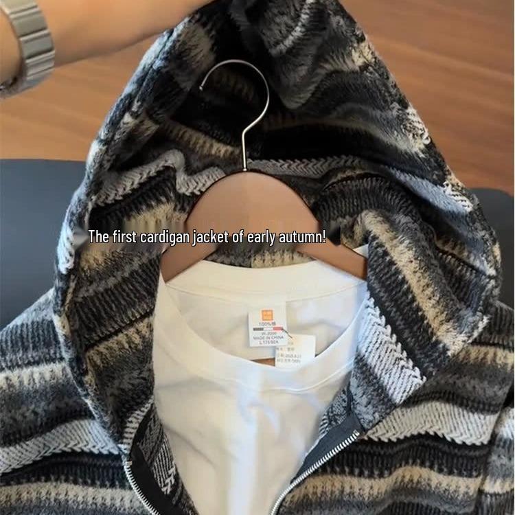 2026 Trendy National Tide Brand Striped Knit Sweater Hoodie for Couples