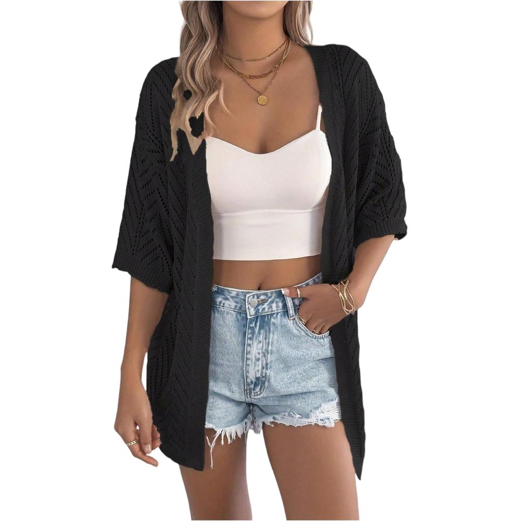 Women's Casual And Fashionable Color Hollow Out Mid Sleeve Knitted Cardigan