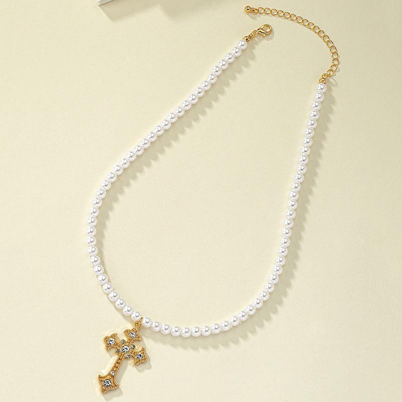 Korean High-End Diamond & Pearl Cross Pendant Necklace
