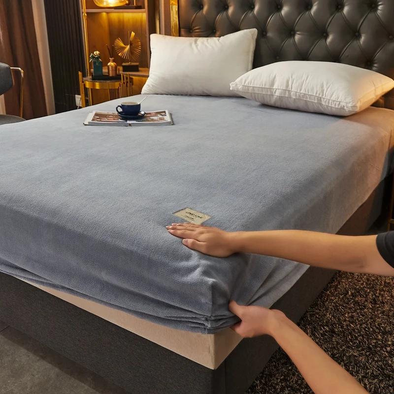 OKHOME Soft Warm Plush Fitted Sheet Elastic Mattress Cover Fluffy Coral Fleece Bed Linen Winter Couple Luxury Double Bed Bedding