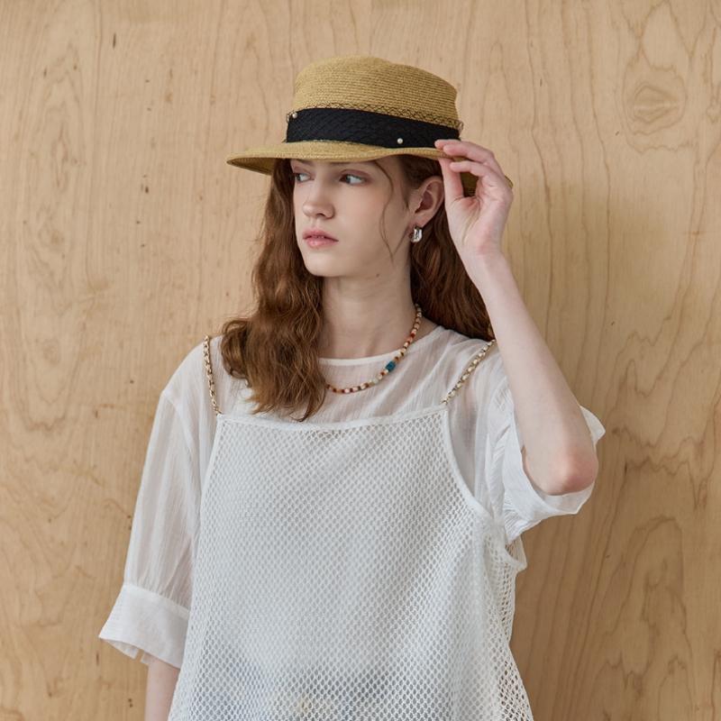 Maxza Pearl Mesh Ribbon Wire Raffia Boater Hat Ze07am004na