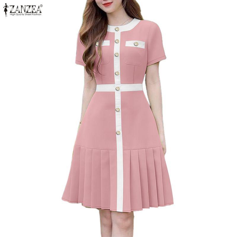 ZANZEA Women Casual Round Neck Short Sleeve Elegant Pleated Dress