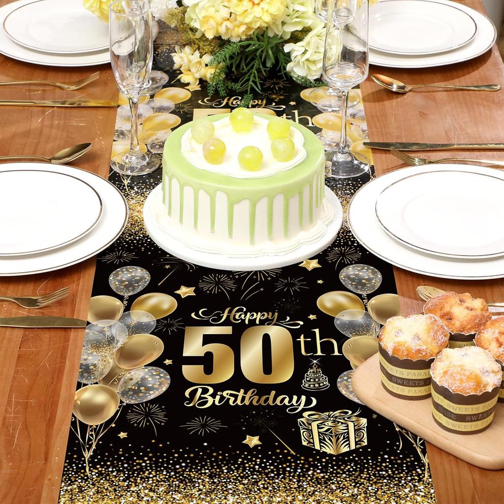 6 Pcs 50th Birthday Table Runners Plastic Black and Gold Tablecloths Happy 50th Birthday Table Runners 14x108 Inch for Men Women Anniversary
