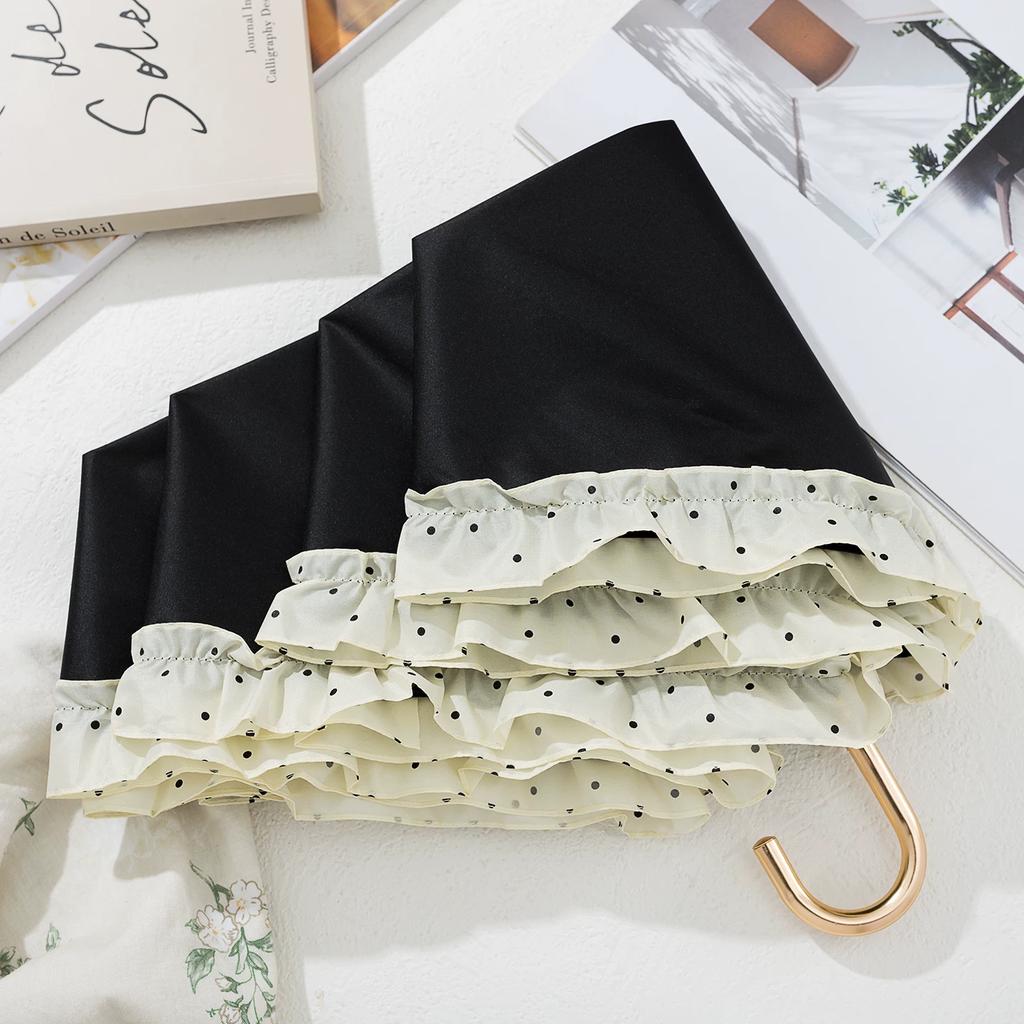 Ombrello Pieghevole con Bordi Arricciati a Pois Lolita per Donne, Rivestimento Nero Protezione Solare, Ombrello da Sole Portatile Ultra-Leggero