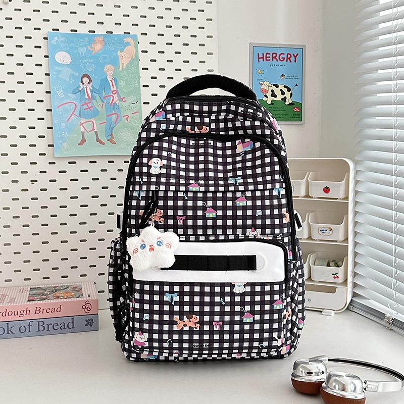 New high-value, fresh and sweet plaid cute cartoon backpack, lightweight backpack for junior high school students