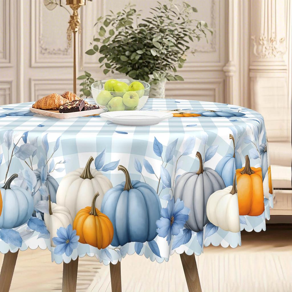 1Pc Autumn Blue Pumpkin Pattern Tablecloth - Round Polyester, Suitable For Parties, Restaurants, Coffee Tables