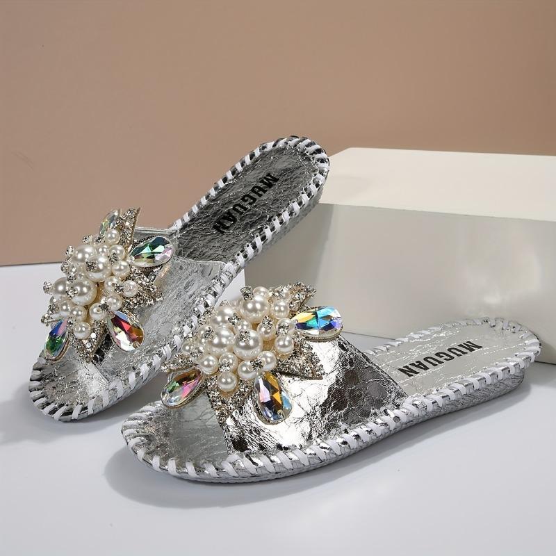 [Hand Stitched | Fashion] Floral Rhinestone Pearl Women's Hand Stitched Slipper | Fashion Cool Open Toe | For Outdoor
