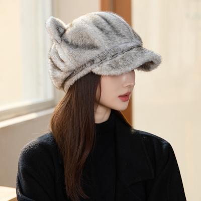 Neue Imitation Nerz Hut Damen Winter Freizeit Achteckiger Hut Verdickter Schirm Katzenohr Barett