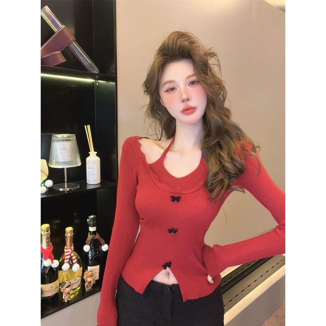 

Chic Red Off-the-Shoulder Halter Knit Sweater for Women One Size абрикосовый