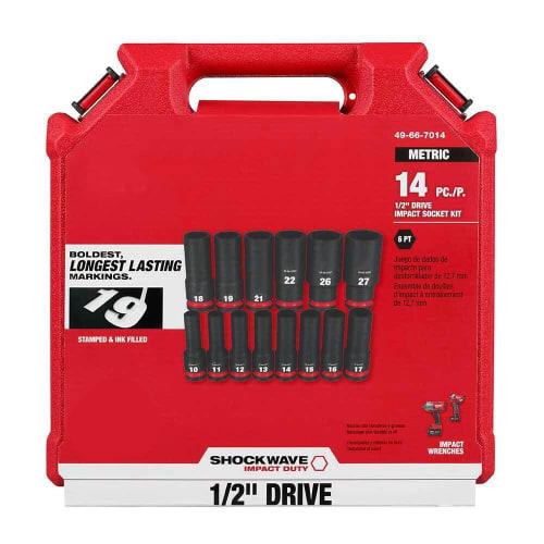 Milwaukee 49-66-7014 SHOCKWAVE 1/2-Inch Impact Duty Metric Deep Socket Set, 14 Pieces