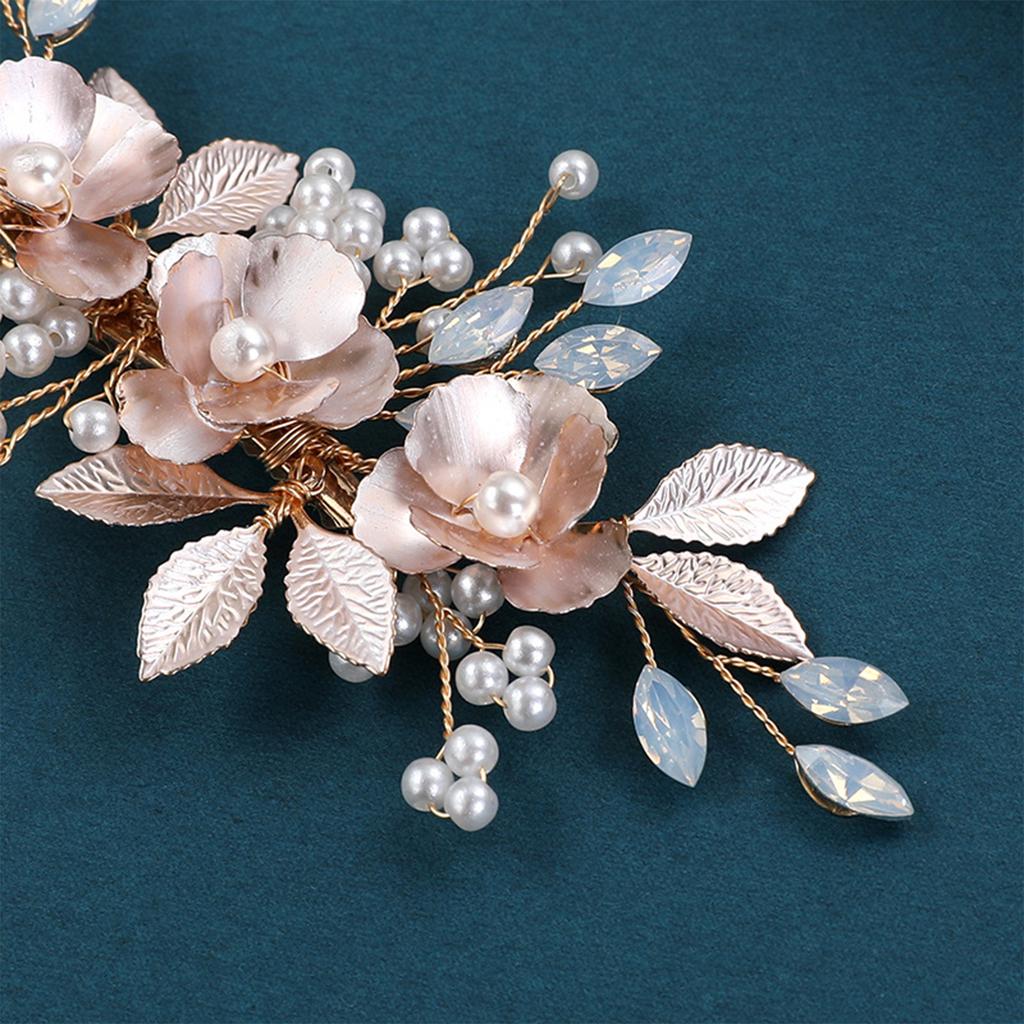 Elegant Floral Hair Clip Rose Gold Pearl Flower Leaf Barrettes For Women Girls Wedding Party Banquet Updo Jewelry Hair Accessory