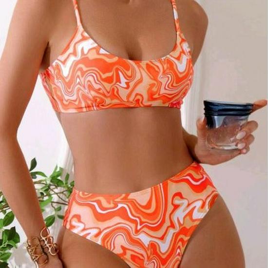 

2025 European & American Digital Print Bikini 3-Piece Set: Flat-Leg Briefs & Yarn Skirt Medium помаранчевий