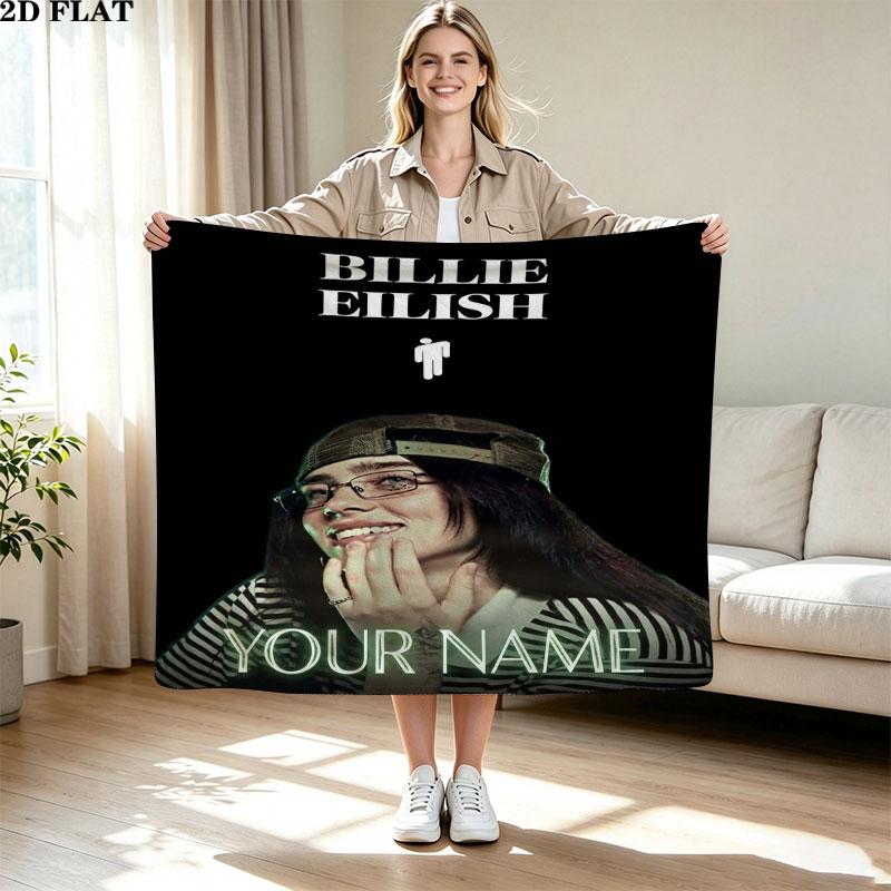 1PC Billie Eilish Custom Name Patterned Flannel Blanket Suitable For All Seasons for Home Decor Warmth and Comfort Gifts Holiday Present