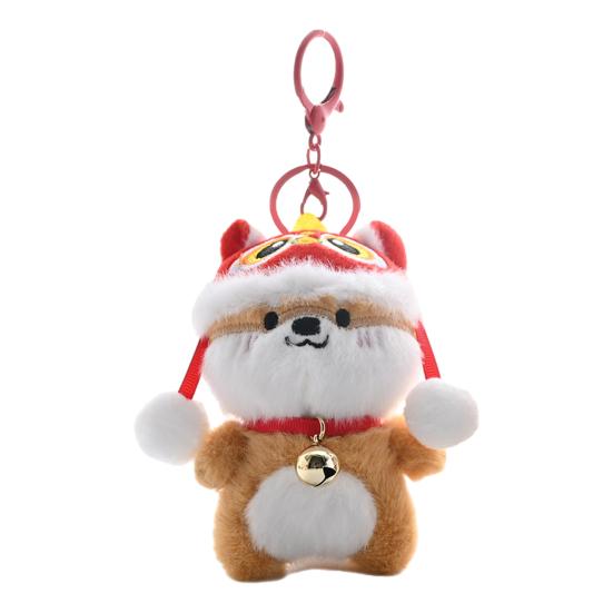 Plush Pendant Lion Dance Dog Keychain Soft Plush Doll Ornament with Hat And Bell Pendant
