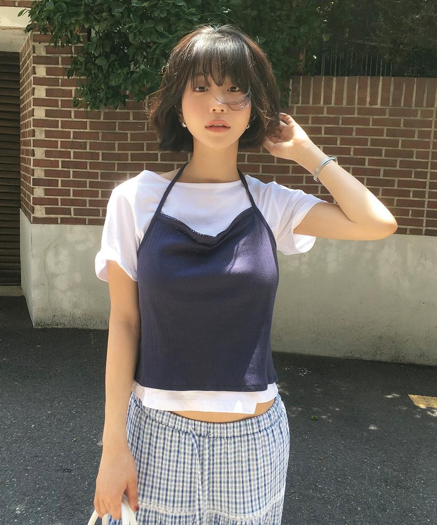 Selliteiljeu Halter Neck Layered T-Shirt Set_White