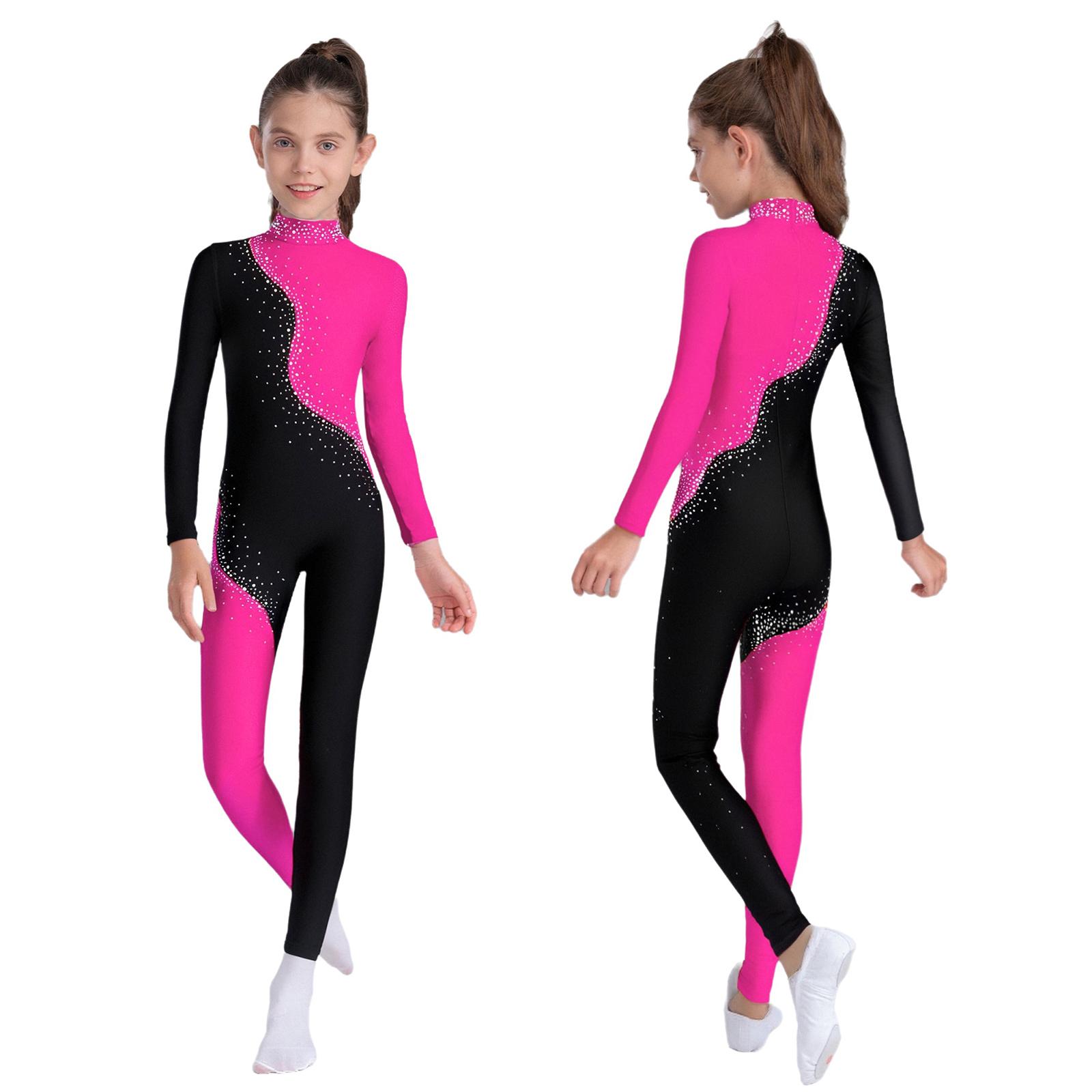 

Детский комбинезон для фигурного катания, блестящие стразы, цветной блок, воротник-стойка, сзади потайная молния 5-6 Years горячий розовый